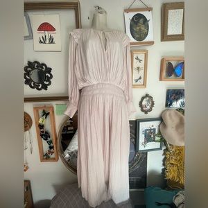 Pale Pink Pleated Ruffled Long Sleeve Maxi Dress